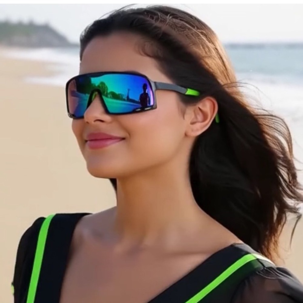 Women Sunglasses Full Frame Green Reflective Lens Sporty Shield‎ Lady Outfit New